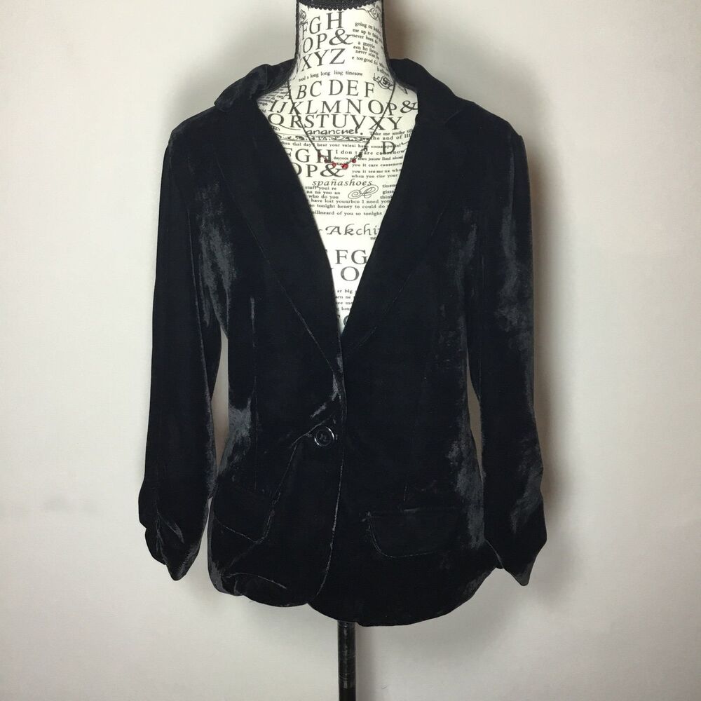 Black velvet fitted blazer jacket very soft raunched sleeves witchy witchcore M